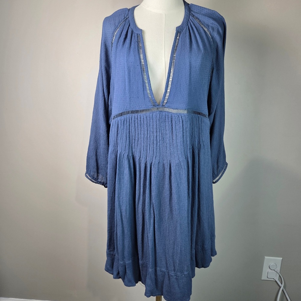 Free People Mini Dress Women M Blue Excellent Gauze Ladder Stitch Boho OB568641
